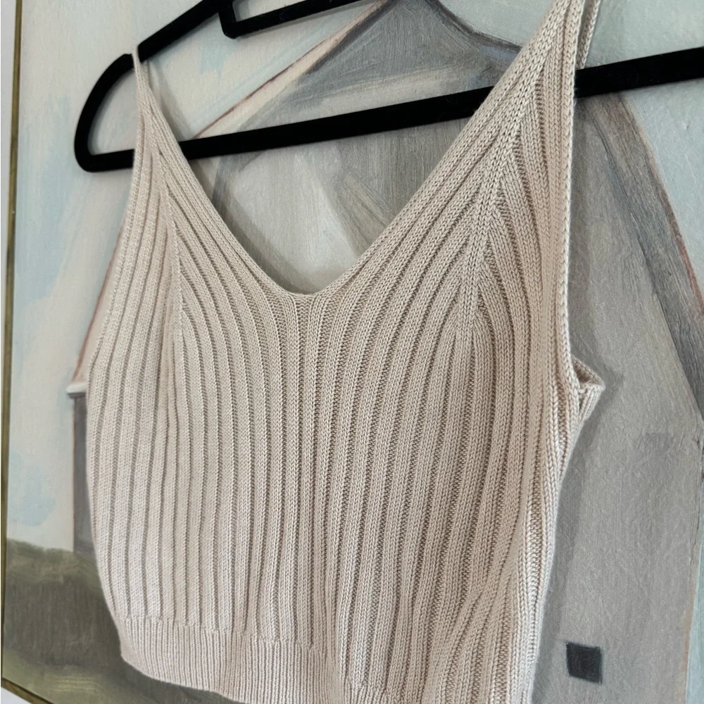 Women’s V Neck Sleeveless Ribbed Knit Crop Cami Tank Bodycon Cream O/S - Picture 4 of 9